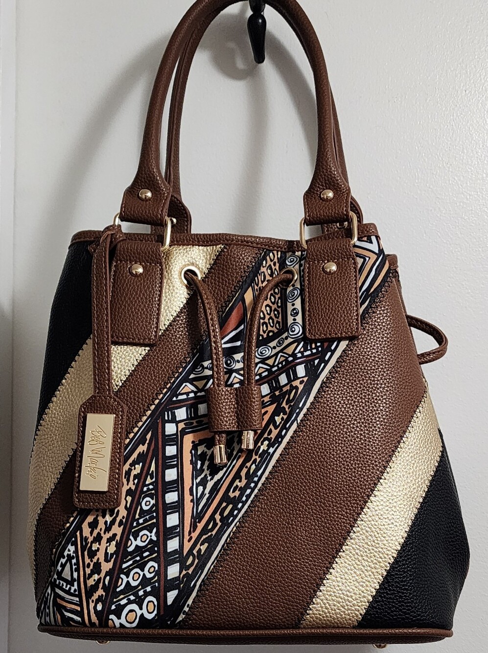 Bob Mackie Brown Patterned Drawstring Tote Bag